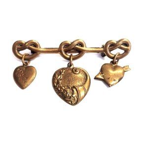 Antique Victorian Sweetheart Brooch 3 Dangling Fancy Hearts